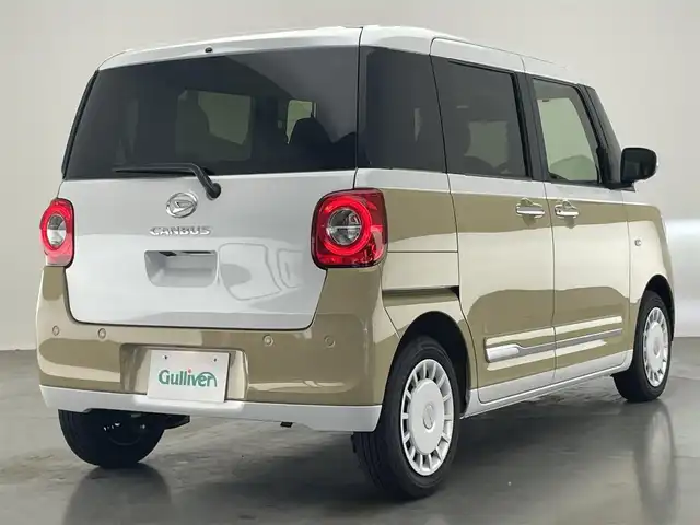 ダイハツ ムーヴ キャンバス ストライプス G 愛知県 2024(令6)年 0.8万km シャイニングホワイトパール/サンドベージュメタリック 社外ナビ　スマアシIII　シートヒーター　全方位カメラ　禁煙車　フルセグＴＶ　ＤＶＤ　Ｂｌｕｅｔｏｏｔｈ　ＵＳＢ　ドリンクホルダーヒーター　両側パワスラ　オートハイビーム　車線逸脱　衝突軽減　ＬＥＤライト　フォグランプ　社外マット カーテンエアバッグ