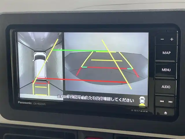 ダイハツ ムーヴ キャンバス ストライプス G 愛知県 2024(令6)年 0.8万km シャイニングホワイトパール/サンドベージュメタリック 社外ナビ　スマアシIII　シートヒーター　全方位カメラ　禁煙車　フルセグＴＶ　ＤＶＤ　Ｂｌｕｅｔｏｏｔｈ　ＵＳＢ　ドリンクホルダーヒーター　両側パワスラ　オートハイビーム　車線逸脱　衝突軽減　ＬＥＤライト　フォグランプ　社外マット カーテンエアバッグ
