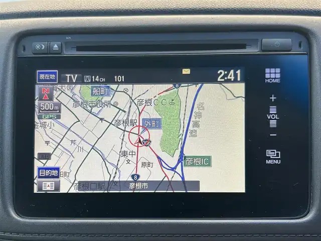 ホンダ ヴェゼル ハイブリッド X 滋賀県 2014(平26)年 7.7万km クリスタルブラックパール 純正メーカーナビ/（FM/AM/CD/DVD/TV/Bluetooth/USB/ipod//HDMI）/シティブレーキアクティブシステム/車両接近通報装置/バックカメラ/ETC/横滑り防止装置/ドライブレコーダー前後/ステアリングスイッチ/ハンズフリーフォン/ECON/プッシュスタート/スマートキー/電子パーキング/ブレーキホールド/SPORTモード/オートエアコン/オートライト/フロントフォグ/純正フロアマット/電動格納ミラー/パドルシフト