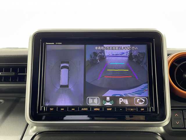 スズキ スペーシア ギア HYBRID XZ 栃木県 2021(令3)年 4.4万km デニムブルー ガンメタリック 2トーン 純正ナビ/（BT/CD/DVD/AM/FM）/衝突軽減システム　/レーダークルーズコントロール　/全周囲かめら/バックカメラ/横滑り防止　/車線逸脱抑制機能　/クリアランナソー/両側パワースライドドア　/前席シートヒーター　/ＥＴＣ　/ドライブレコーダー　/ステアリングスイッチ/電動格納ミラー/プッシュスタート/スマートキー/純正アルミホイール/純正フロアマット