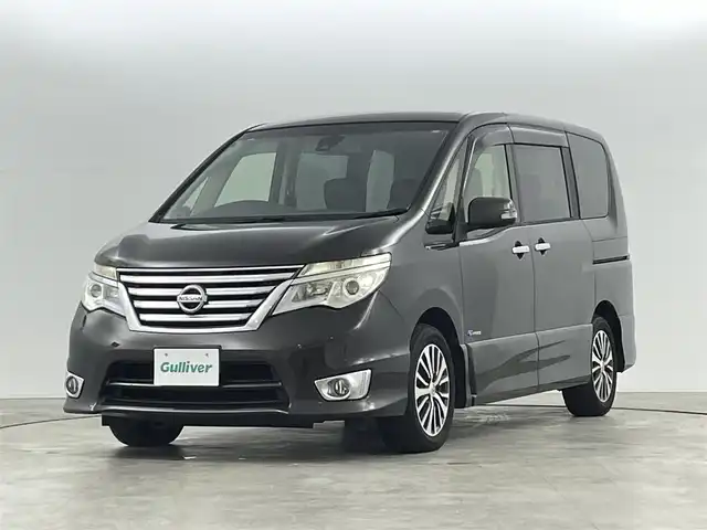 日産 セレナ HWS S HV Vセレ +Sefty 福島県 2014(平26)年 7.7万km タイガーアイブラウン 衝突軽減/・車線逸脱警報/フリップダウンモニター/社外７インチナビ/・型番；CN-RX01WD/・フルセグ/TV/BT/SD/CD/DVD/Blu-ray/バックカメラ/両側パワースライドドア/クルーズコントロール/LEDオートライト/・フォグライト/３列シート/・レザーシート/・ウォークスルー/・ロールサンシェード/純正アルミホイール付きサマータイヤ/純正フロアマット/純正ドアバイザー/電動格納ミラー/・ウィンカーミラー/アイドリングストップ/プッシュスタート/・スマートキー