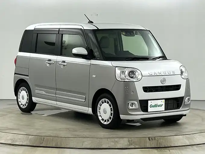 新着情報“ムーヴキャンバスストライプスGターボ eco IDLE非装着車”2023年式シャイニングホワイトパール/スムーズグレーマイカメタリック入荷しました！