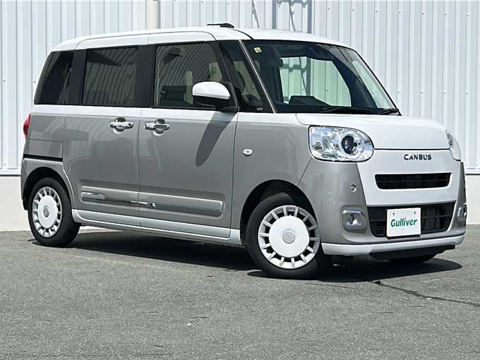 新着情報“ムーヴキャンバスストライプスGターボ eco IDLE非装着車”2023年式シャイニングホワイトパール/スムーズグレーマイカメタリック入荷しました！