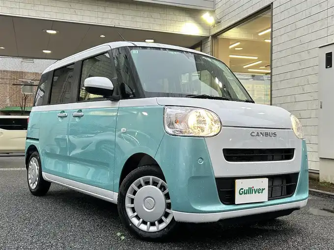 新着情報“ムーヴキャンバスストライプスX eco IDLE非装着車”2025年式シャイニングホワイトパール/ファインミントメタリック入荷しました！