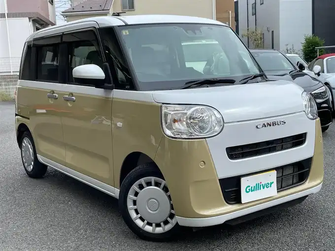 新着情報“ムーヴキャンバスストライプスX eco IDLE非装着車”2023年式シャイニングホワイトパール/サンドベージュメタリック入荷しました！