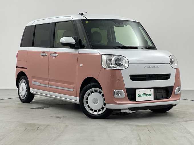 新着情報“ムーヴキャンバスストライプスG eco IDLE非装着車”2023年式シャイニングホワイトパール/アプリコットピンクメタリック入荷しました！