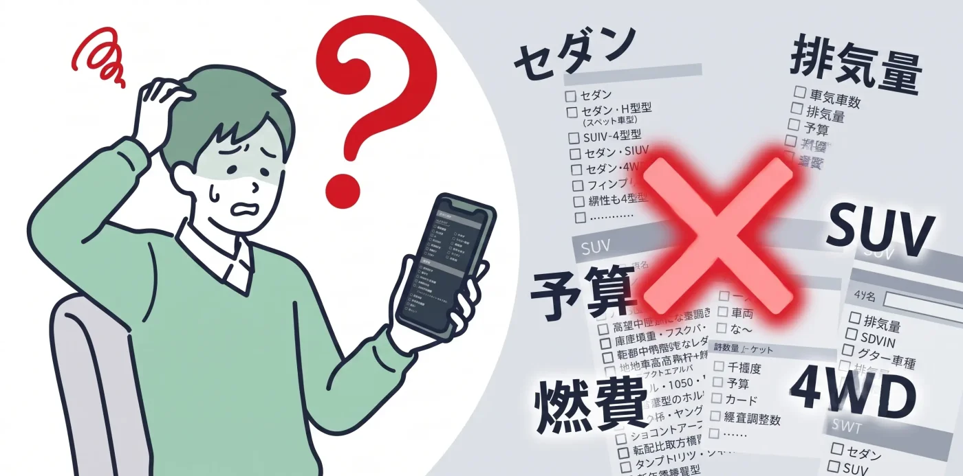 検索条件のチェック項目が多すぎて、どれを選べばいいか分からず困っている人のイラスト